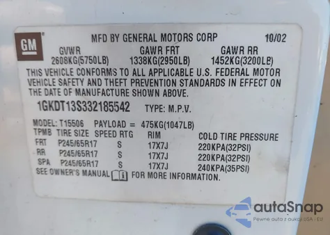 2003 GMC Envoy Slt from USA, damaged, VIN 1GKDT13S332185542